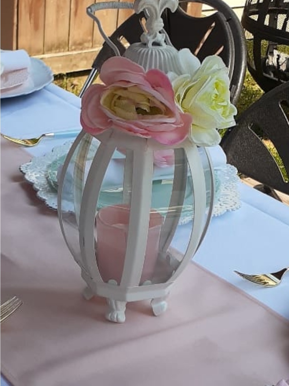 6 White Decorative Lantern Centerpiece with Pink Accents - Home Accents